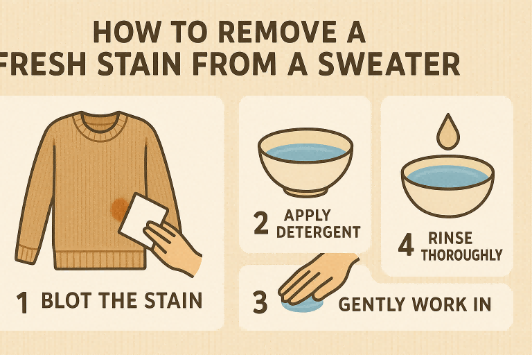 A care guide infographic showing the steps to remove a fresh stain from a sweater.